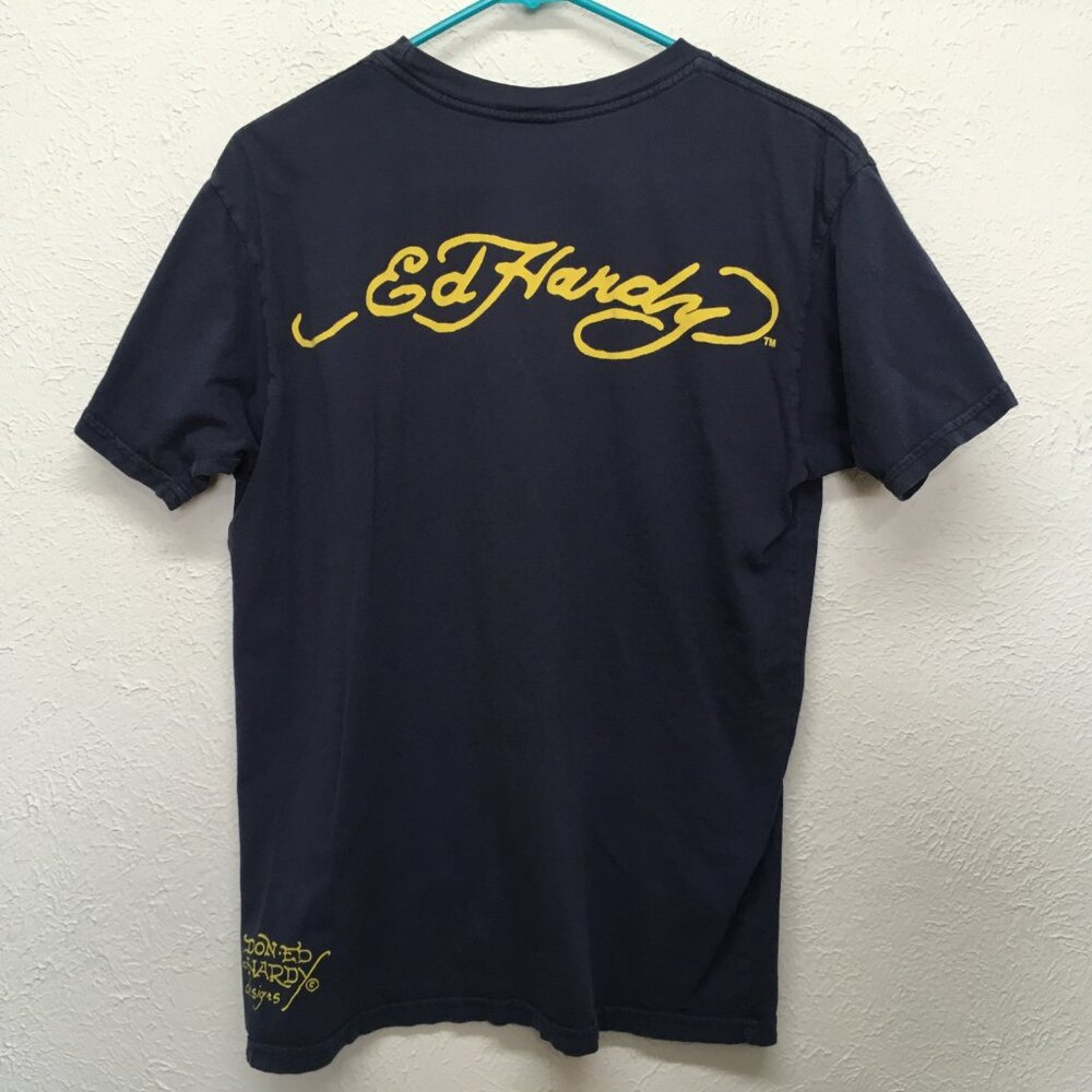 VTG Ed Hardy Graphic T-Shirt Mens S Blue Skull Love Kills Flocked Cotton Y2K USA - Picture 3 of 6